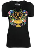 VERSACE WOMEN V Emblem Garden Print Cotton T-Shirt Black - MAISONDEFASHION.COM
