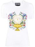 VERSACE WOMEN V Emblem Garden Print Cotton T-Shirt White - MAISONDEFASHION.COM