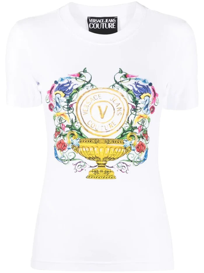VERSACE WOMEN V Emblem Garden Print Cotton T-Shirt White - MAISONDEFASHION.COM