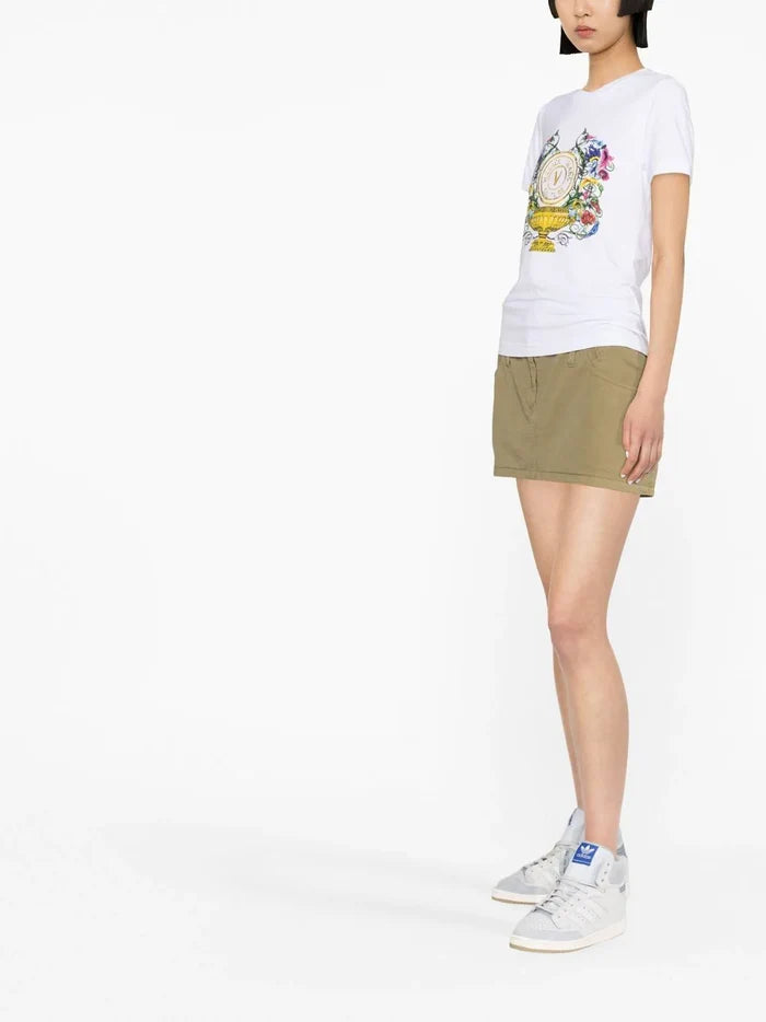 VERSACE WOMEN V Emblem Garden Print Cotton T-Shirt White - MAISONDEFASHION.COM
