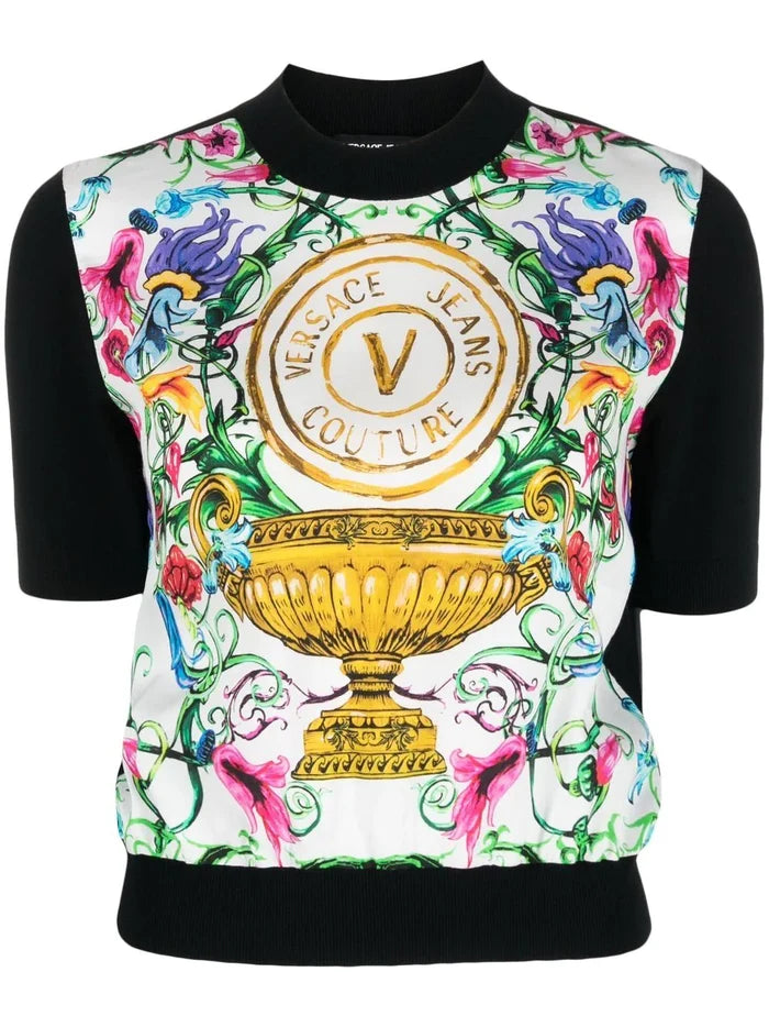 VERSACE WOMEN V Emblem Garden Print Knitted Top Black - MAISONDEFASHION.COM