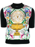 VERSACE WOMEN V Emblem Garden Print Knitted Top Black - MAISONDEFASHION.COM