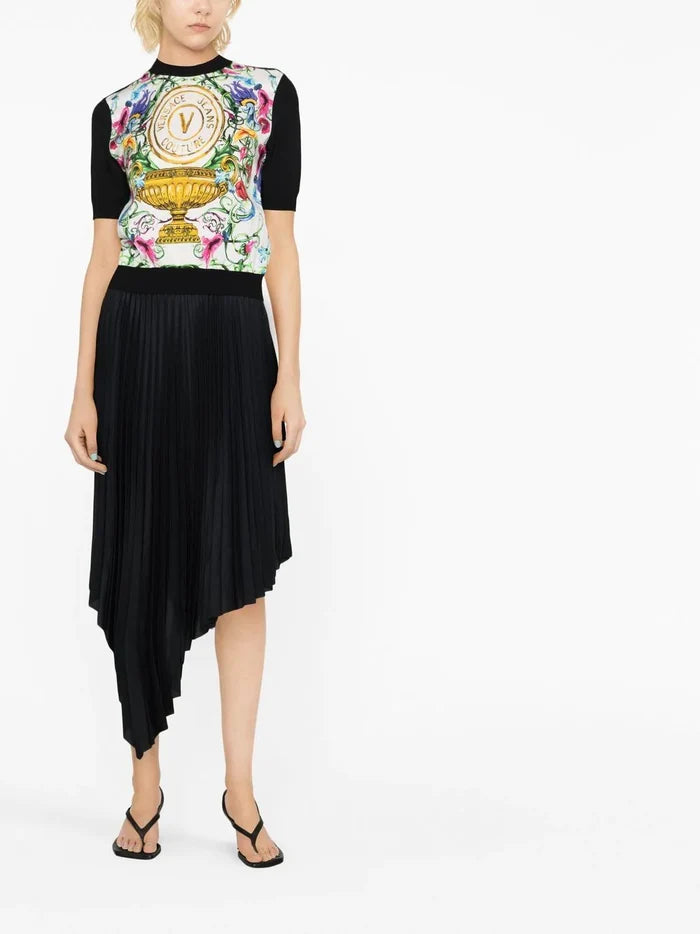 VERSACE WOMEN V Emblem Garden Print Knitted Top Black - MAISONDEFASHION.COM
