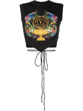VERSACE WOMEN V Emblem Garden Print Lace Crop Top Black/Multi - MAISONDEFASHION.COM