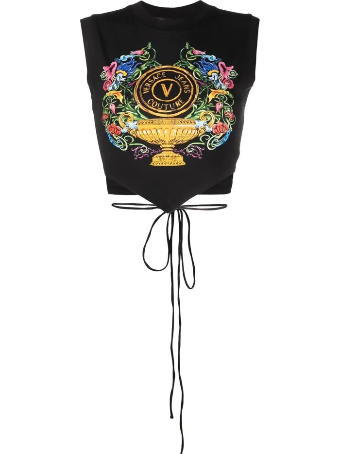 VERSACE WOMEN V Emblem Garden Print Lace Crop Top Black/Multi - MAISONDEFASHION.COM
