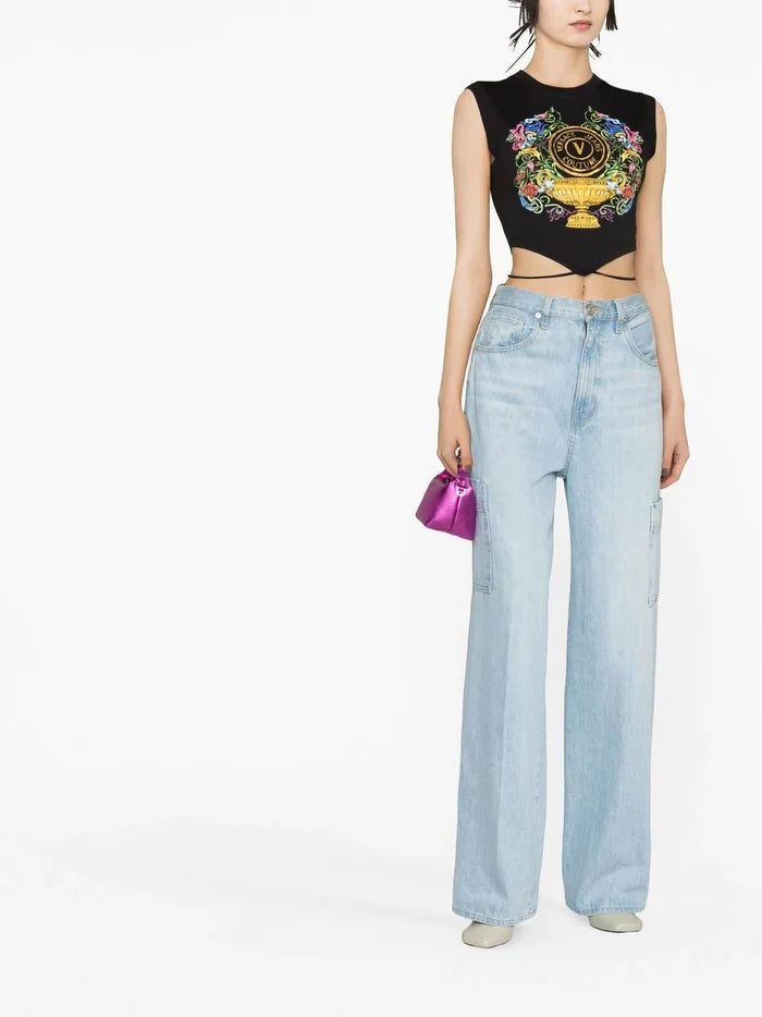VERSACE WOMEN V Emblem Garden Print Lace Crop Top Black/Multi - MAISONDEFASHION.COM