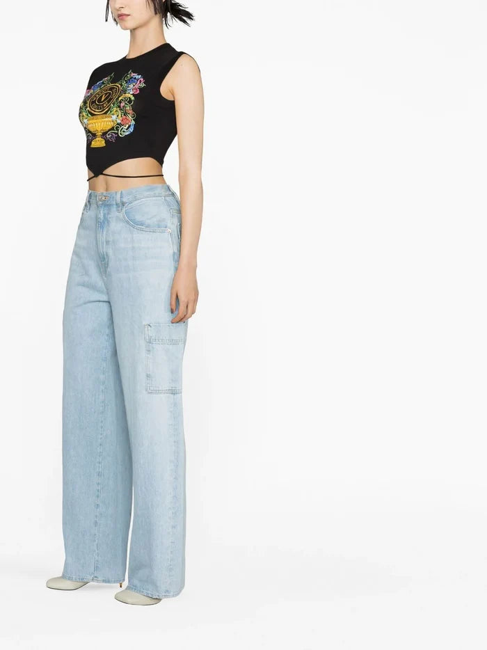 VERSACE WOMEN V Emblem Garden Print Lace Crop Top Black/Multi - MAISONDEFASHION.COM
