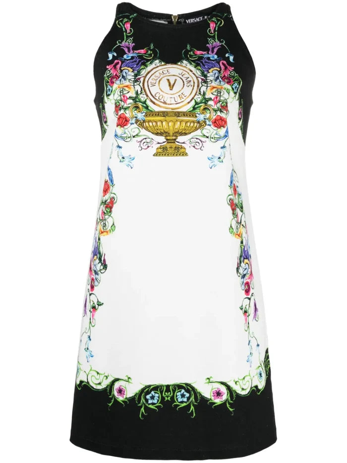 VERSACE WOMEN V Emblem Garden Print Mini Dress White/Black/Multi - MAISONDEFASHION.COM