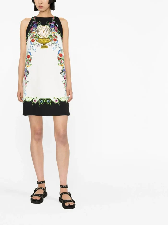 VERSACE WOMEN V Emblem Garden Print Mini Dress White/Black/Multi - MAISONDEFASHION.COM