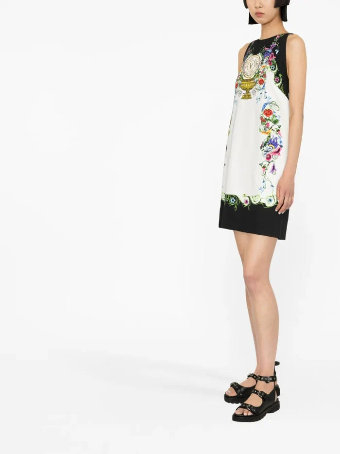 VERSACE WOMEN V Emblem Garden Print Mini Dress White/Black/Multi - MAISONDEFASHION.COM