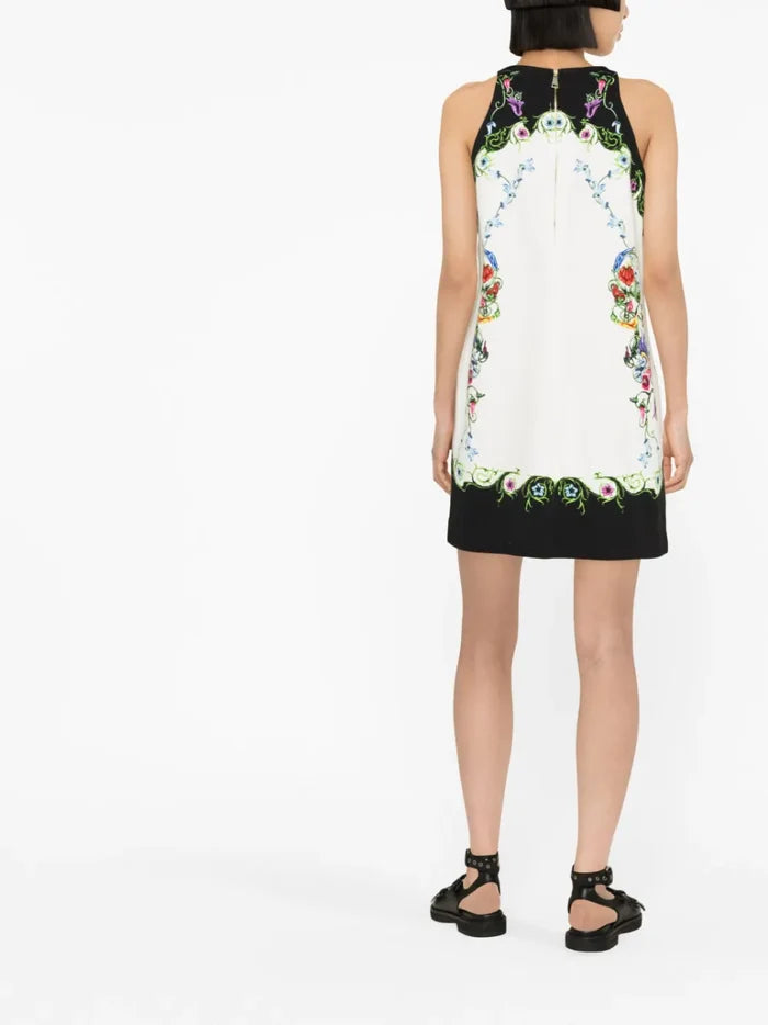 VERSACE WOMEN V Emblem Garden Print Mini Dress White/Black/Multi - MAISONDEFASHION.COM