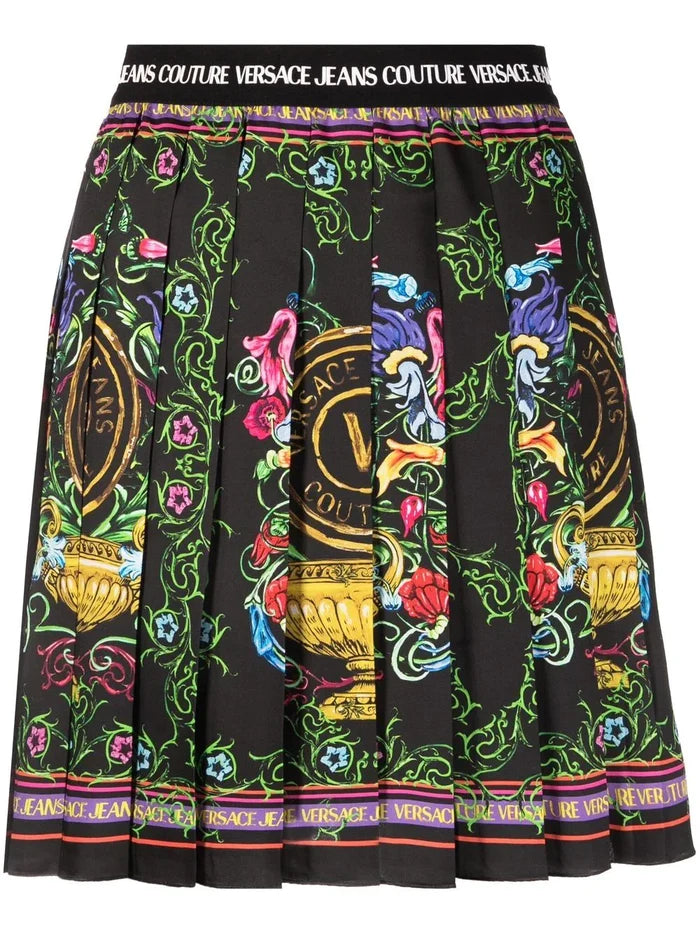 VERSACE WOMEN V Emblem Garden Print Mini Skirt Black/Multi - MAISONDEFASHION.COM