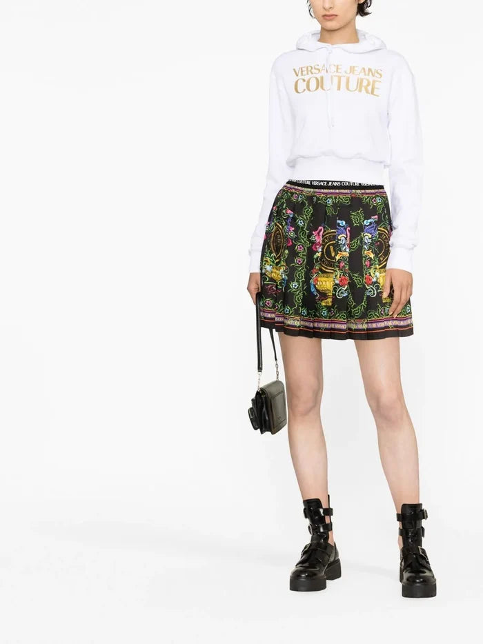 VERSACE WOMEN V Emblem Garden Print Mini Skirt Black/Multi - MAISONDEFASHION.COM
