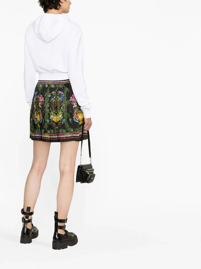 VERSACE WOMEN V Emblem Garden Print Mini Skirt Black/Multi - MAISONDEFASHION.COM