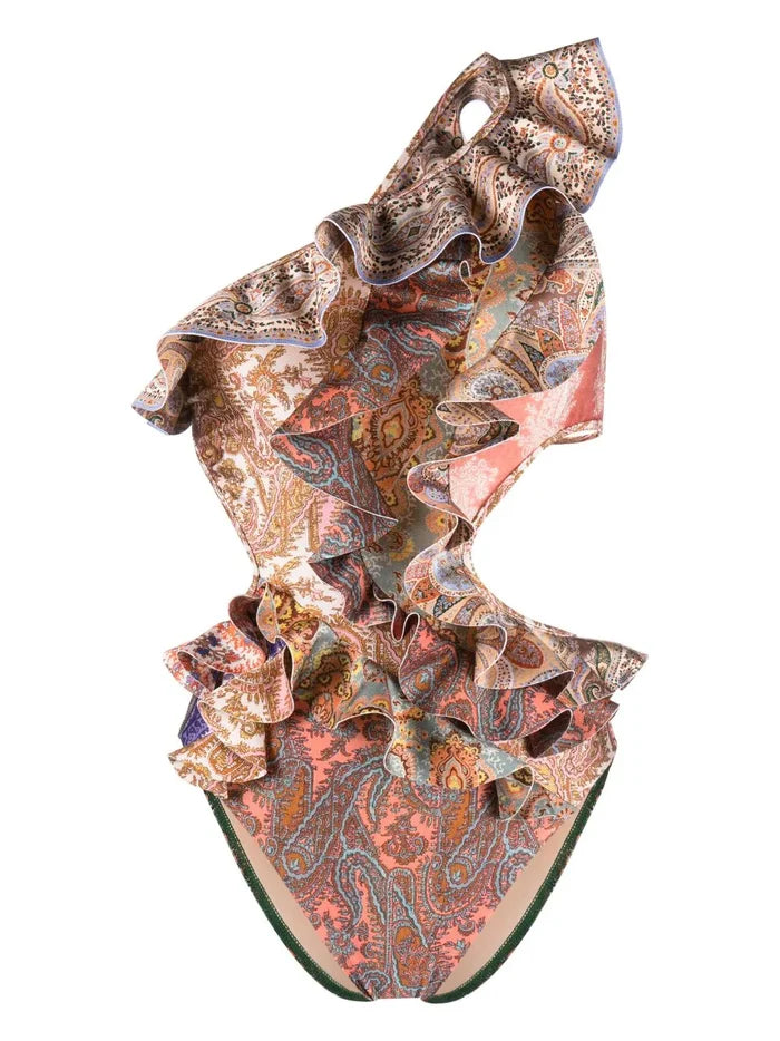 ZIMMERMANN WOMEN Devi Ruffled One-shoulder Swimsuit Multicolour - MAISONDEFASHION.COM