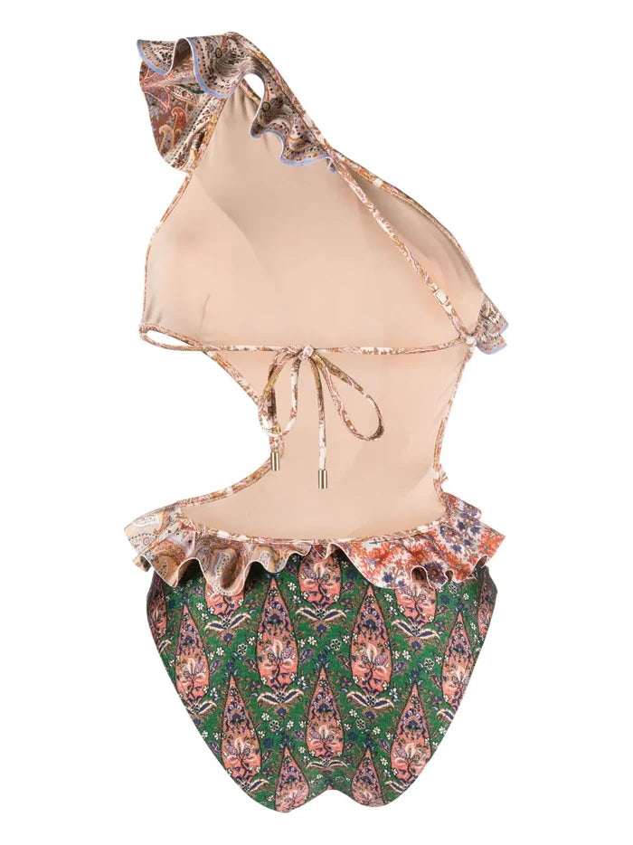 ZIMMERMANN WOMEN Devi Ruffled One-shoulder Swimsuit Multicolour - MAISONDEFASHION.COM